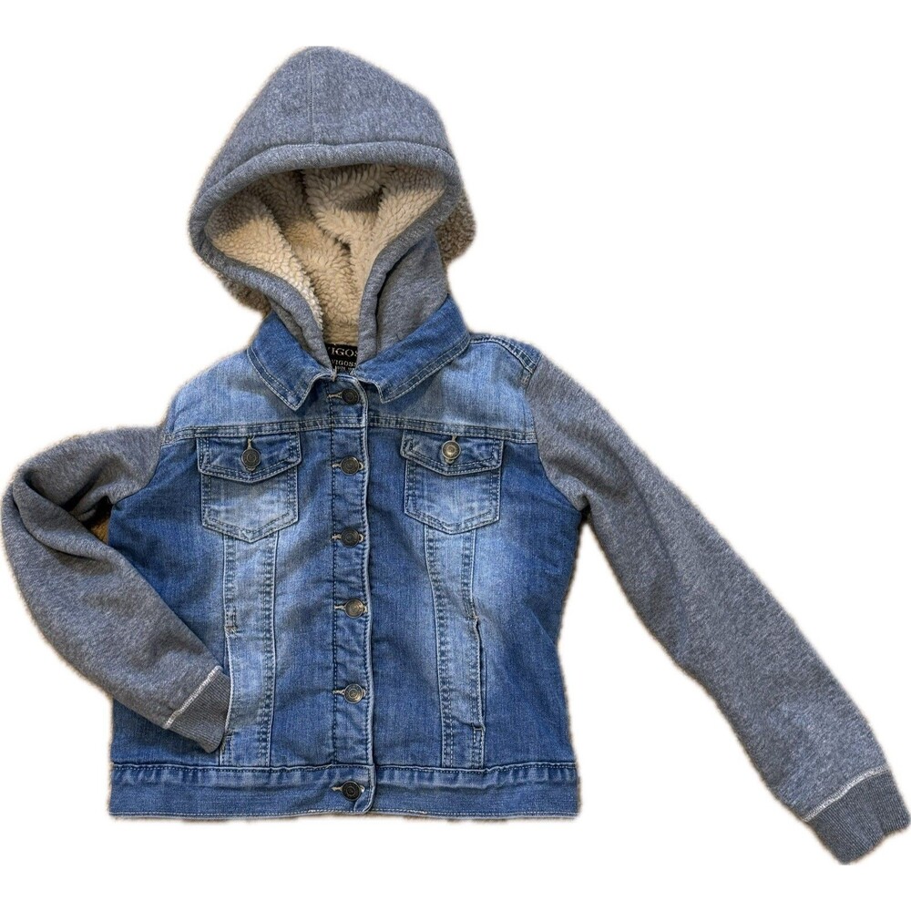 Vigoss Girls Size 7 Sherpa Lined Denim Jacket Hooded Jean Coat Fleece Warm EUC